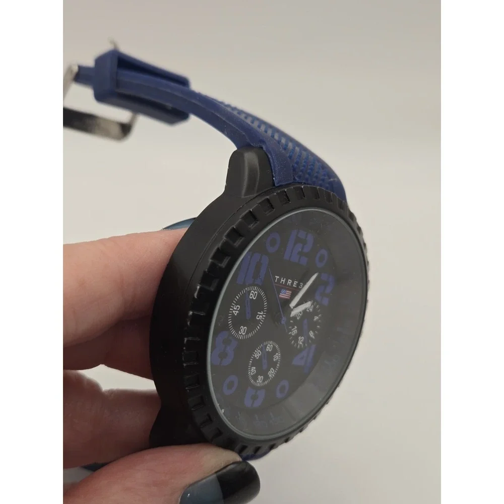 Accutime THRE3 Mens Sport Watch Black/Blue Dial Tachymeter Quartz Blue Silicone